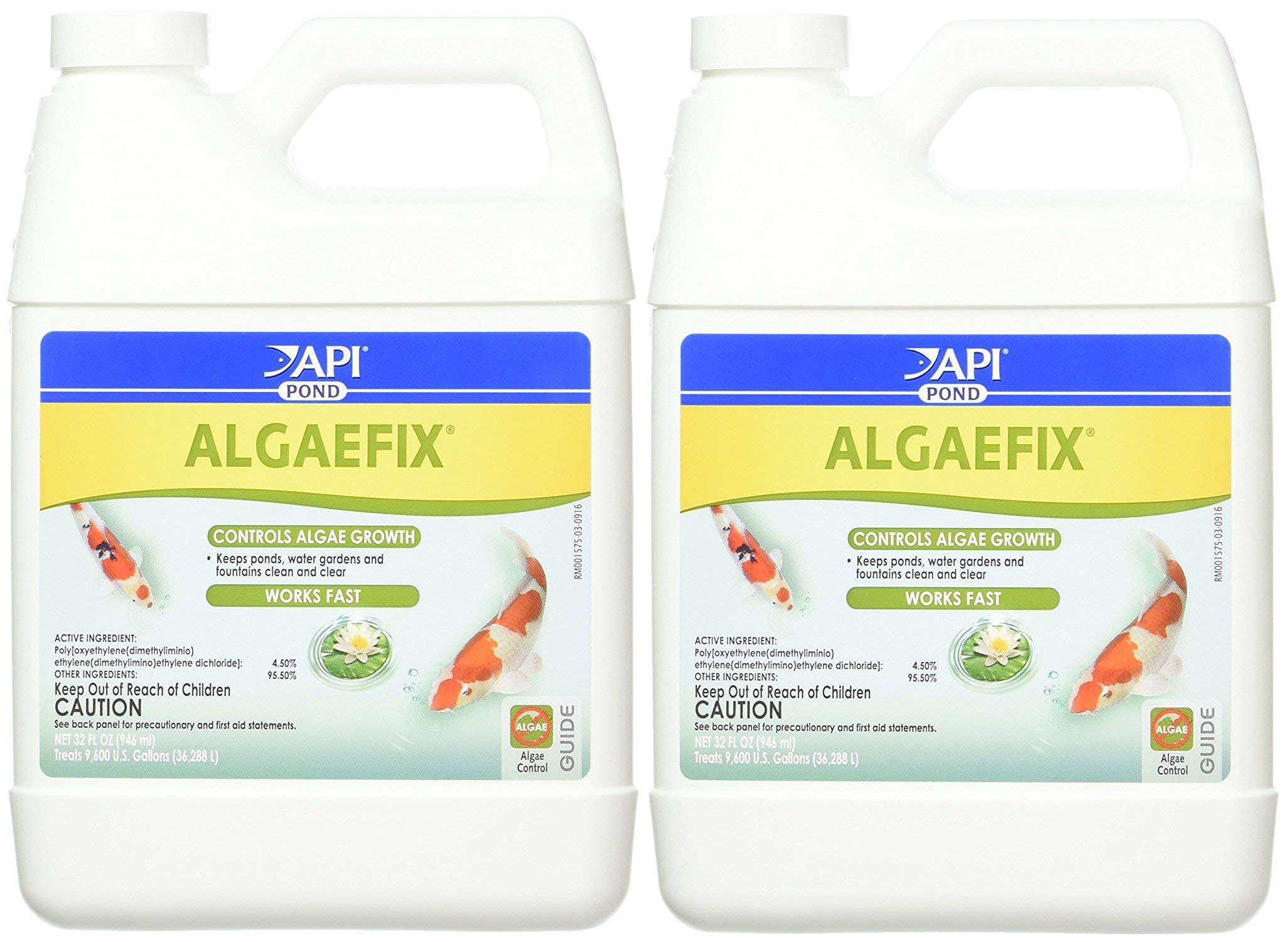 API AlgaeFix bottle pouring into pond water to curb algae blooms