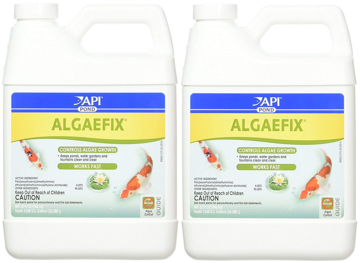 API AlgaeFix bottle pouring into pond water to curb algae blooms