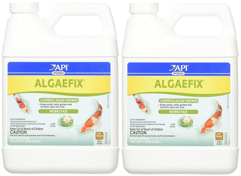 API AlgaeFix bottle pouring into pond water to curb algae blooms