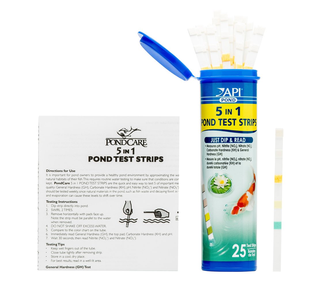 API POND 5-in-1 test strips color chart inside the box used to interpret results