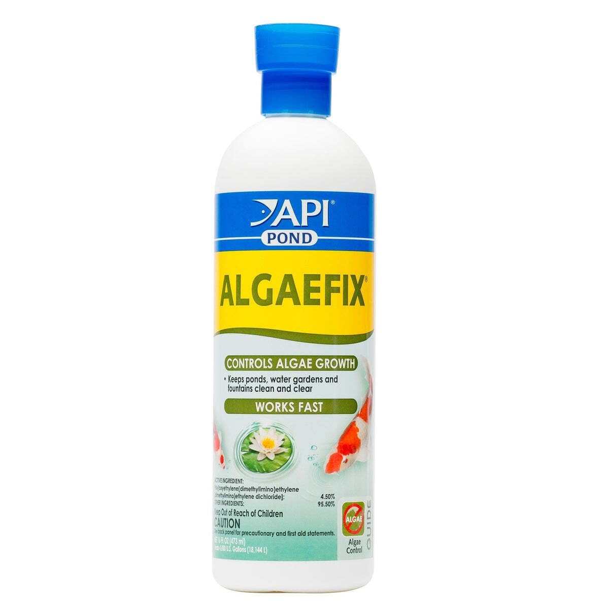 API POND ALGAEFIX bottle pour demonstrates fast algae control for clearer ponds.