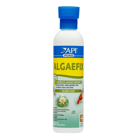 API POND ALGAEFIX bottle in use for fast treatment in koi ponds and fountains