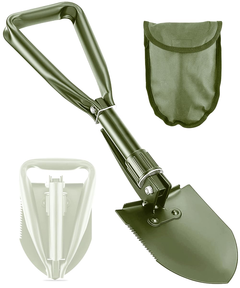 Apidgrowth folding shovel folded compact for easy transport on trips.