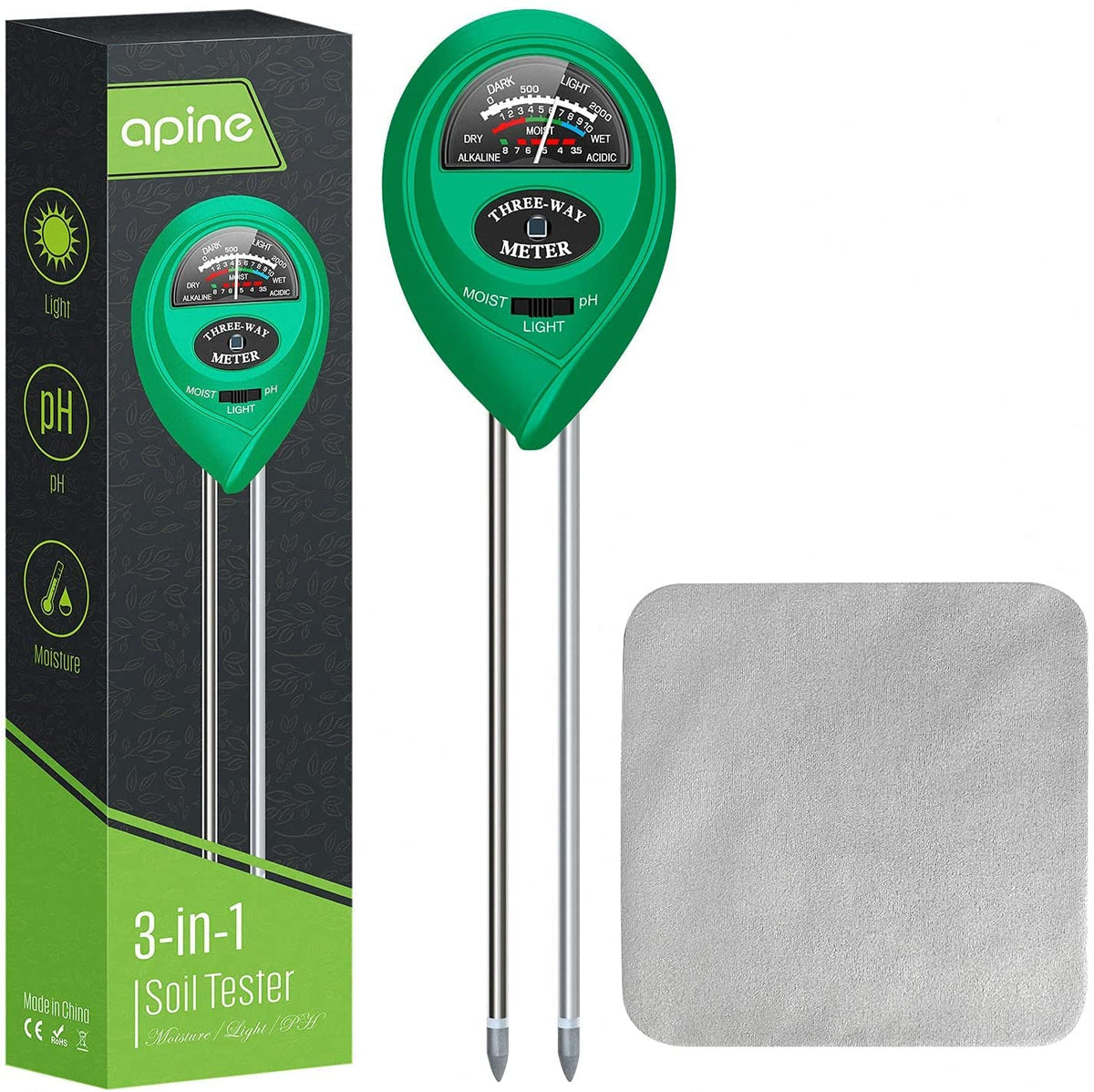 apine 3-in-1 soil meter shows moisture, pH, and light for plant care