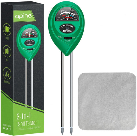apine 3-in-1 soil meter shows moisture, pH, and light for plant care