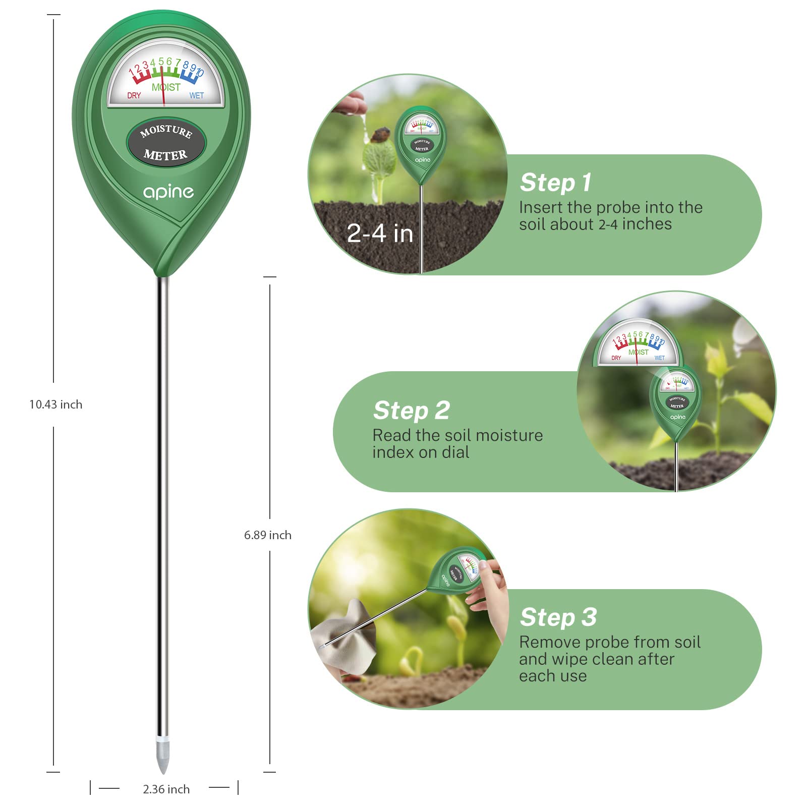 Apine plant moisture meter probe enables precise soil moisture checks.