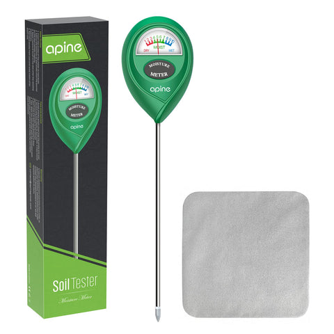 Apine soil moisture meter with green dial provides quick readings for home plants.