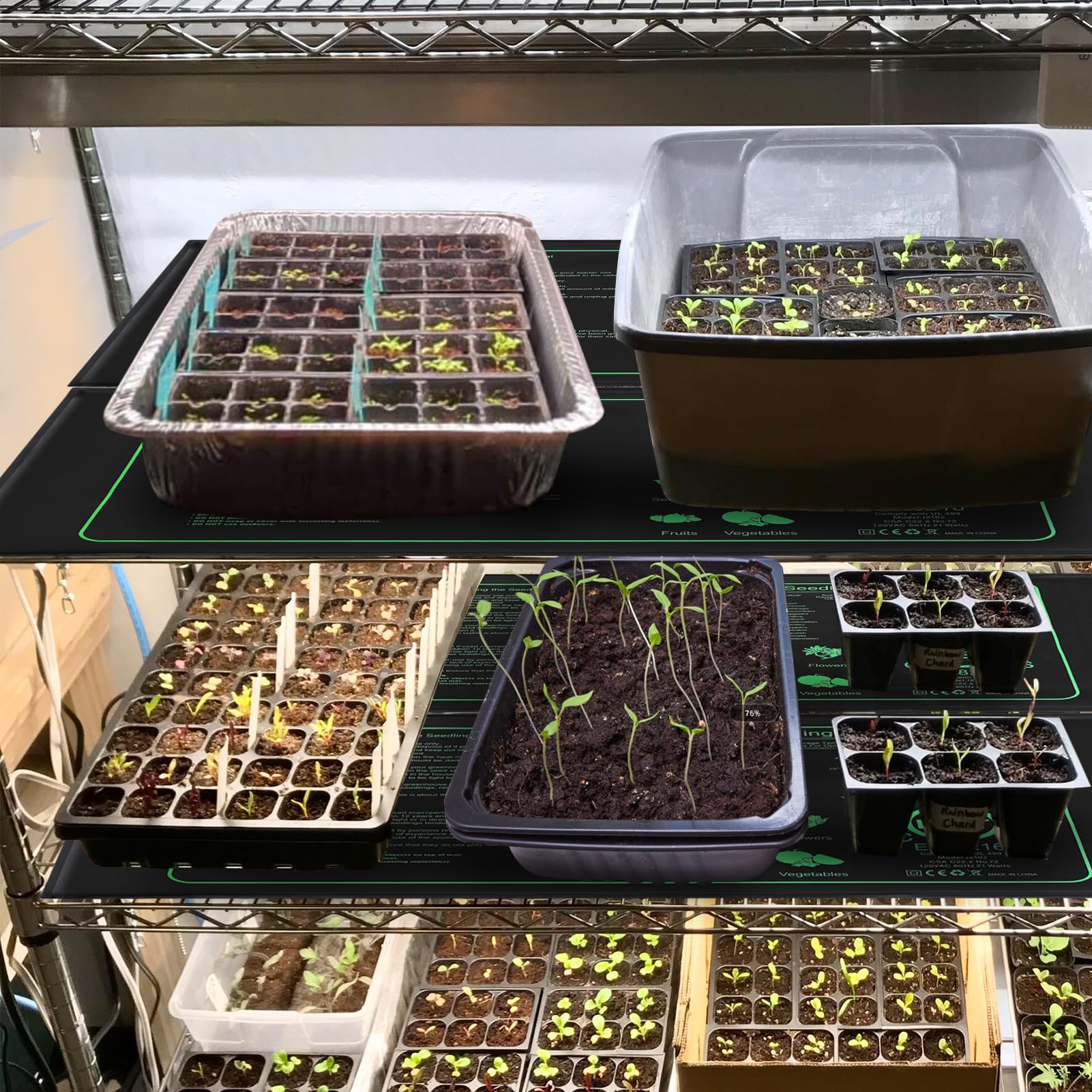 Apipi seedling heat mat rolled up beside gardening tools for storage