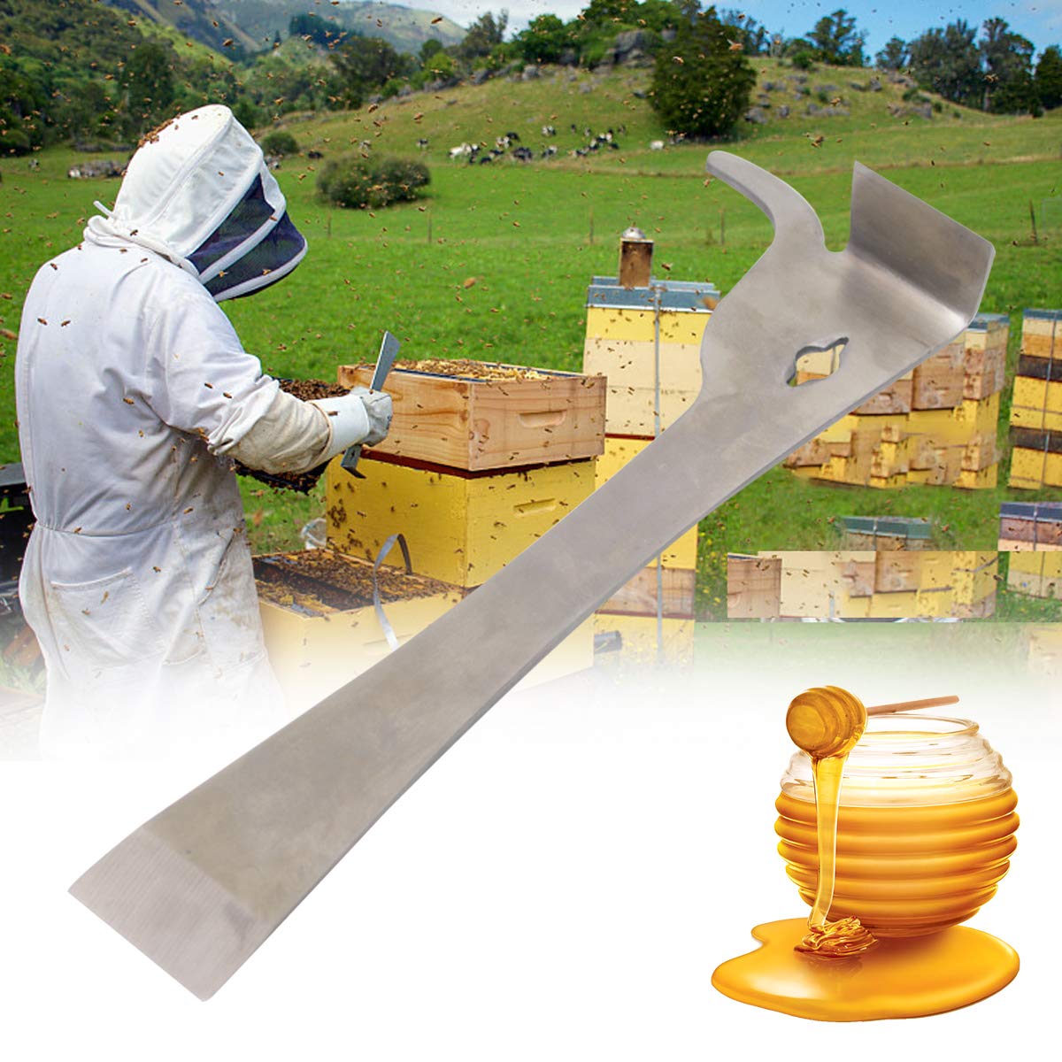 APlayfulBee hive scraper close-up highlighting polished steel finish for durability.
