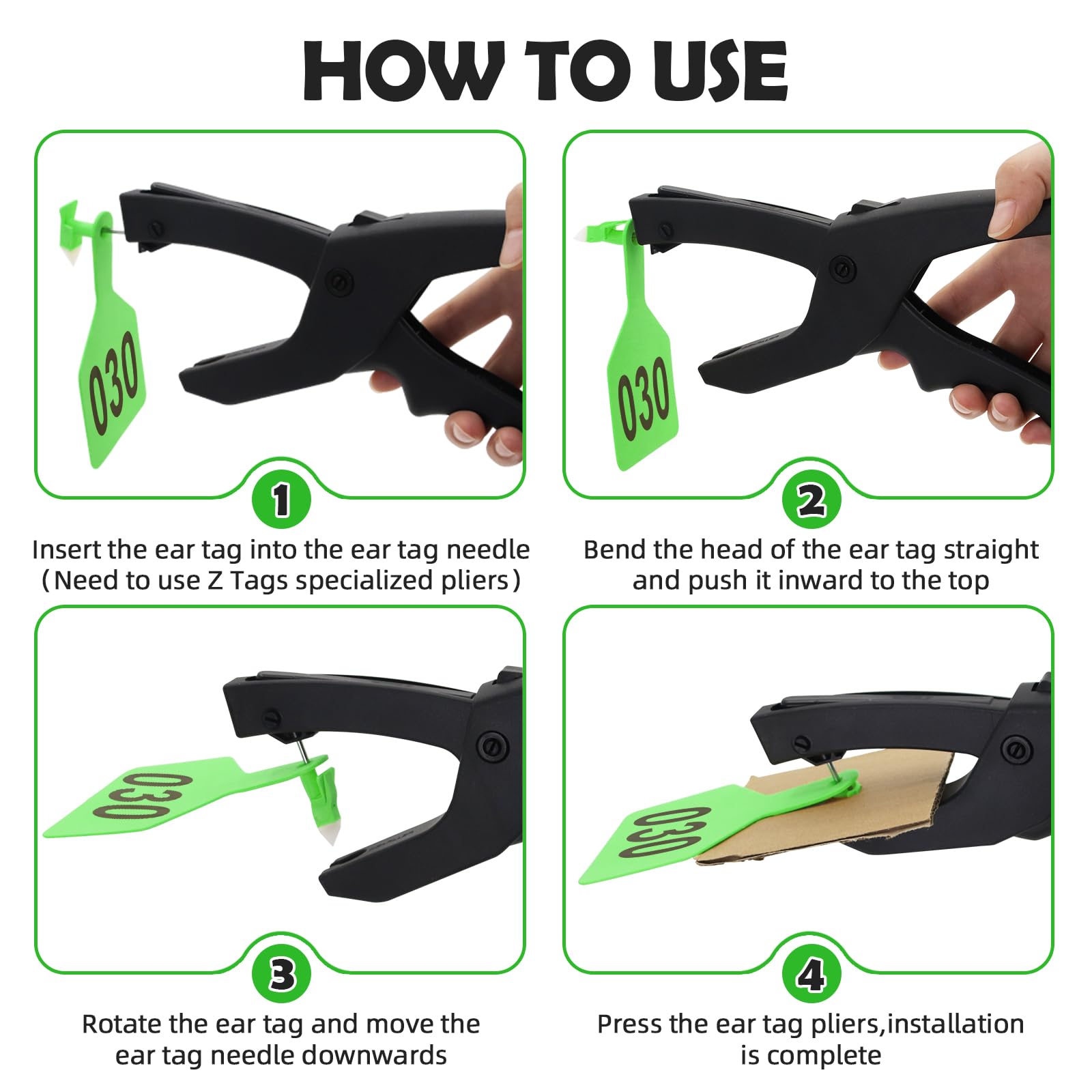 APlayfulBee Z Tags being applied on livestock shows simple one-piece design to prevent snagging.
