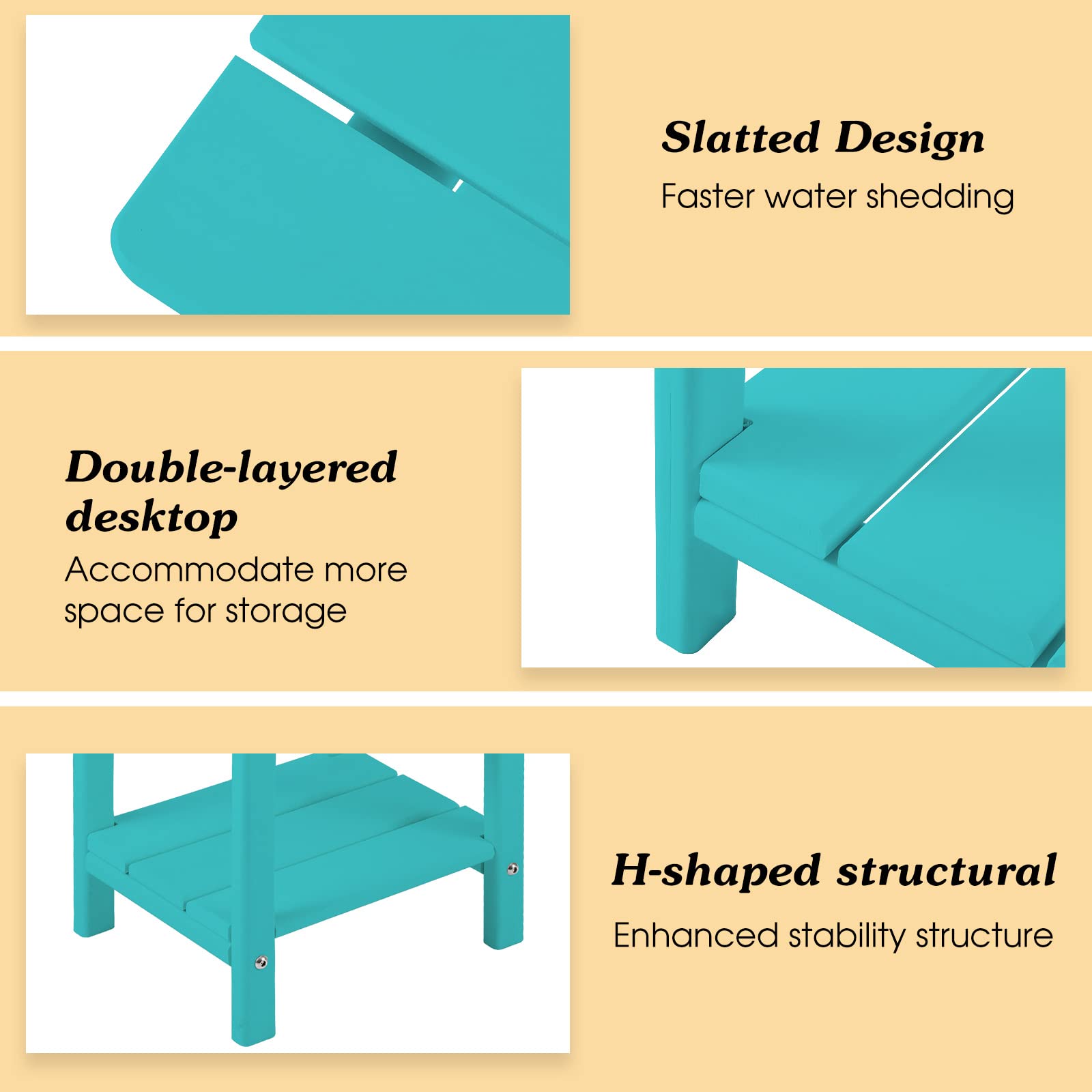 Weather-resistant material and wood-like finish on Apolimi table