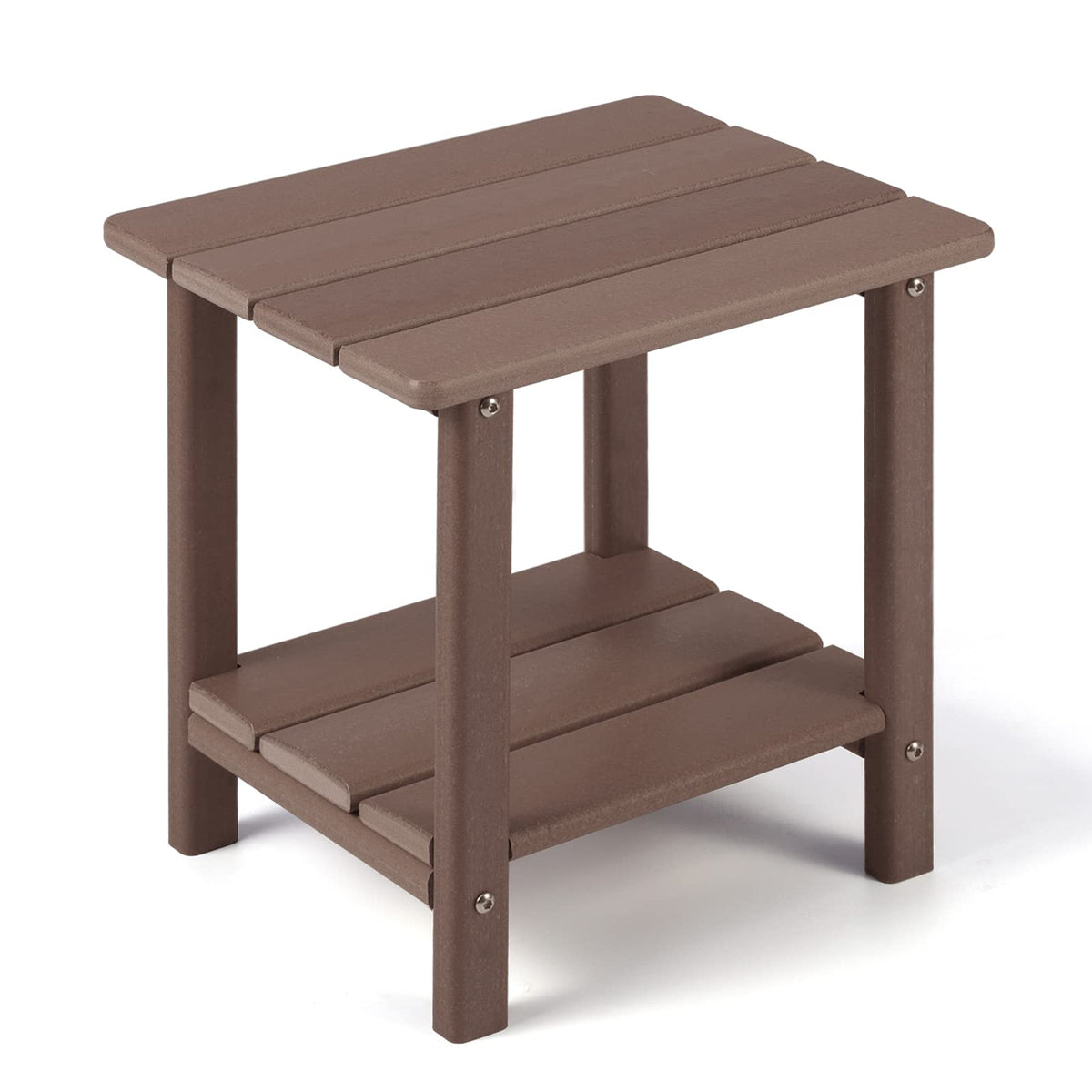 Apolimi Adirondack side table, front view, two-tier design for extra outdoor storage space.