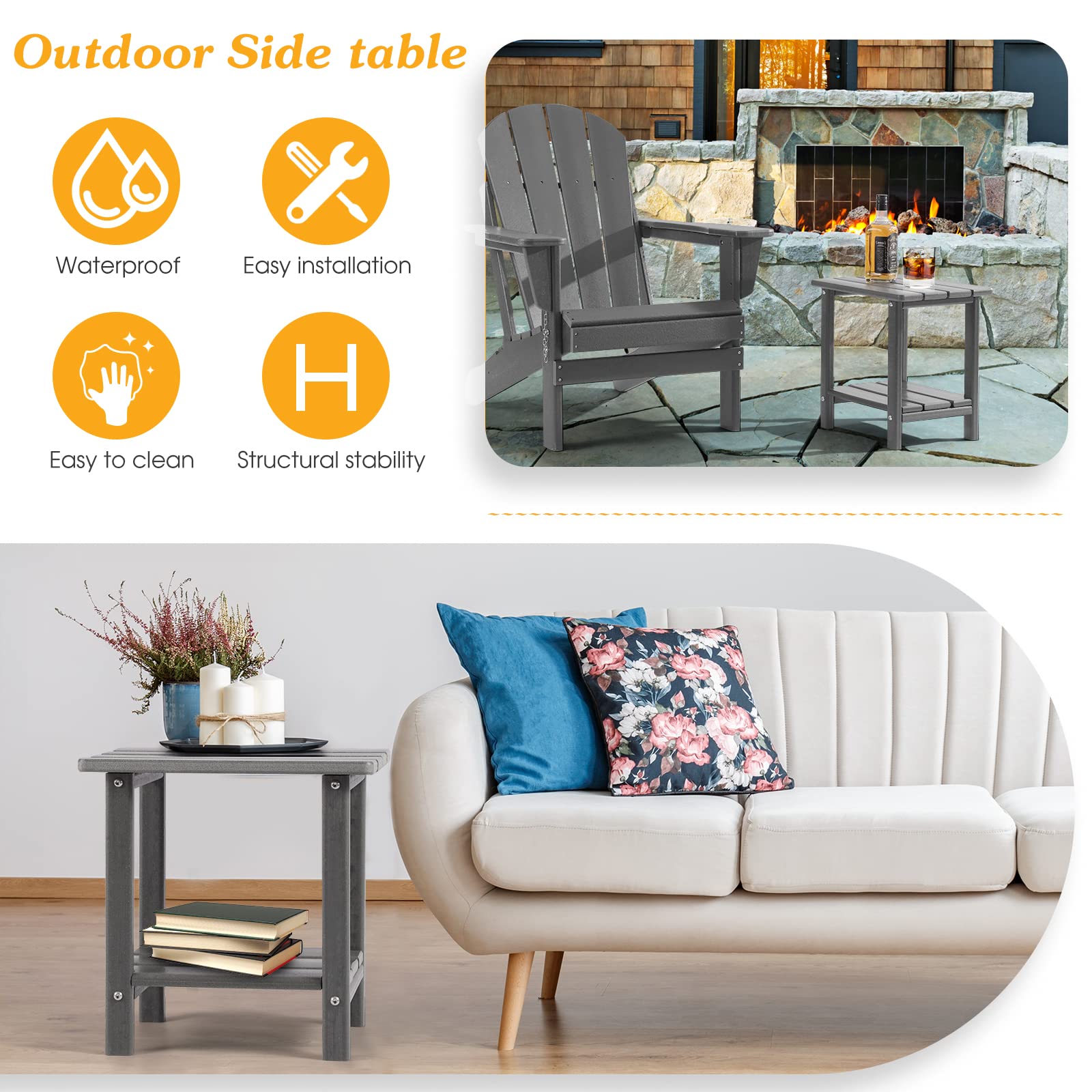 Apolimi Adirondack side table with burr-free edges for safe outdoor use.