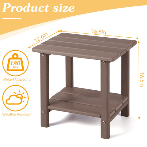 Apolimi Adirondack side table showing 16.5-inch footprint for compact patios.