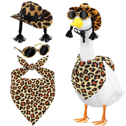 Aposwow leopard print hat on a goose statue for outdoor decor