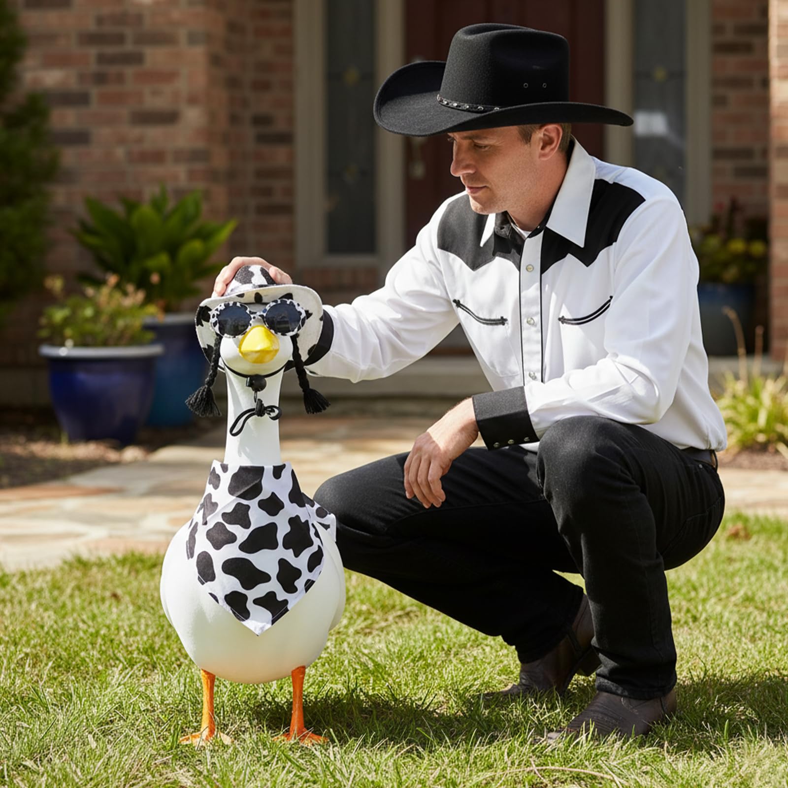 Aposwow porch goose costume on a statue offers easy seasonal decoration.