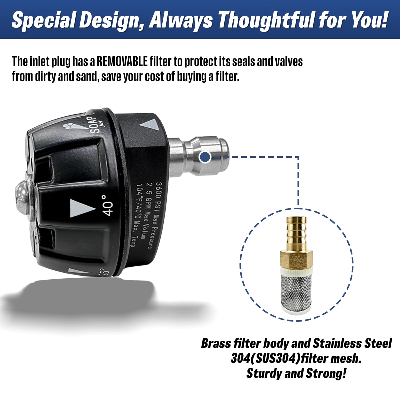 APOWER anti-rust stainless-steel inlet plug simplifies setup and durability.