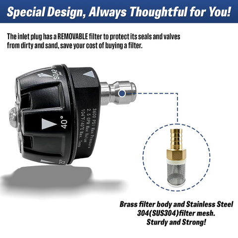 APOWER anti-rust stainless-steel inlet plug simplifies setup and durability.