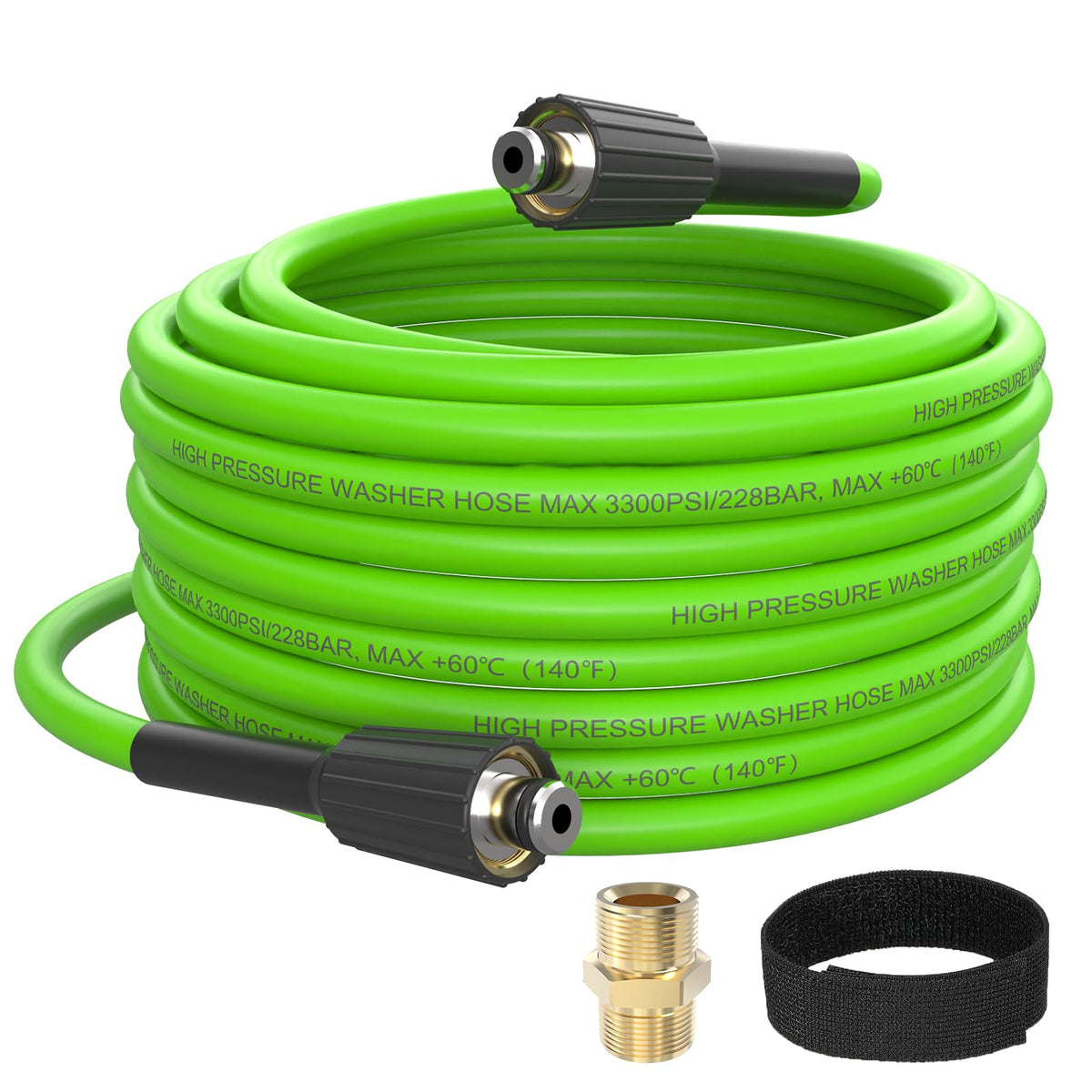 APOWER PVC pressure washer hose, 50 ft, coiled for easy storage and extended cleaning reach.