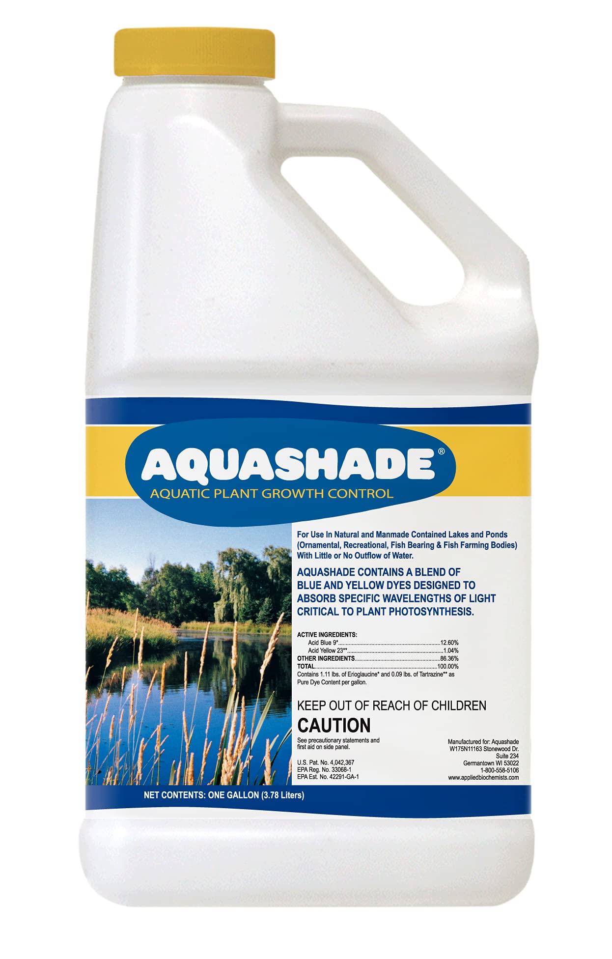 APPLIED BIOCHEMISTS Aquashade blue pond dye bottle demonstrates weed suppression and algae control