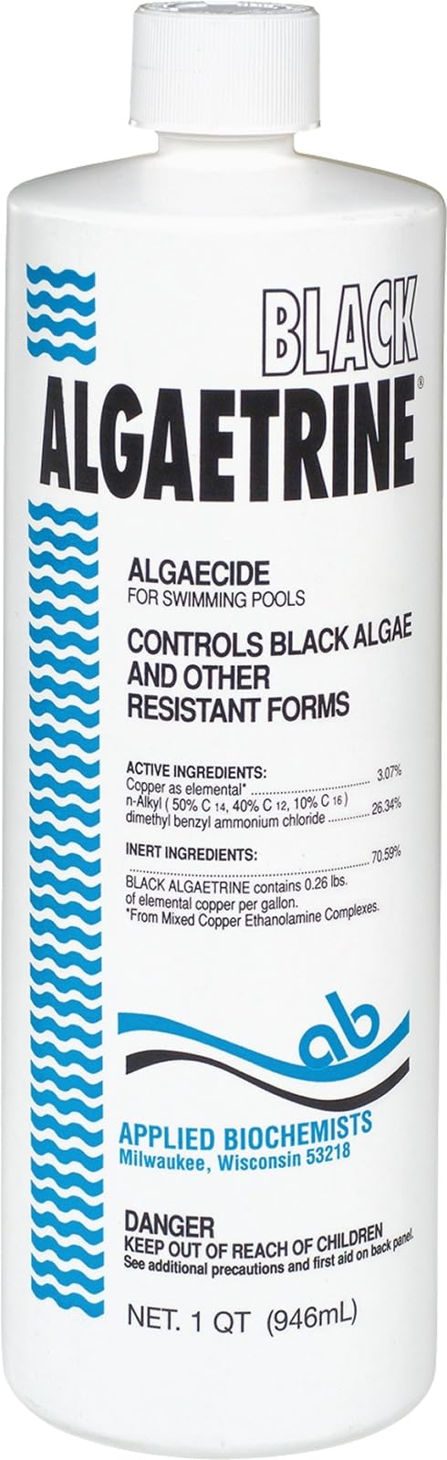 Applied Biochemists Black Algaetrine bottle pour showing quick algae control