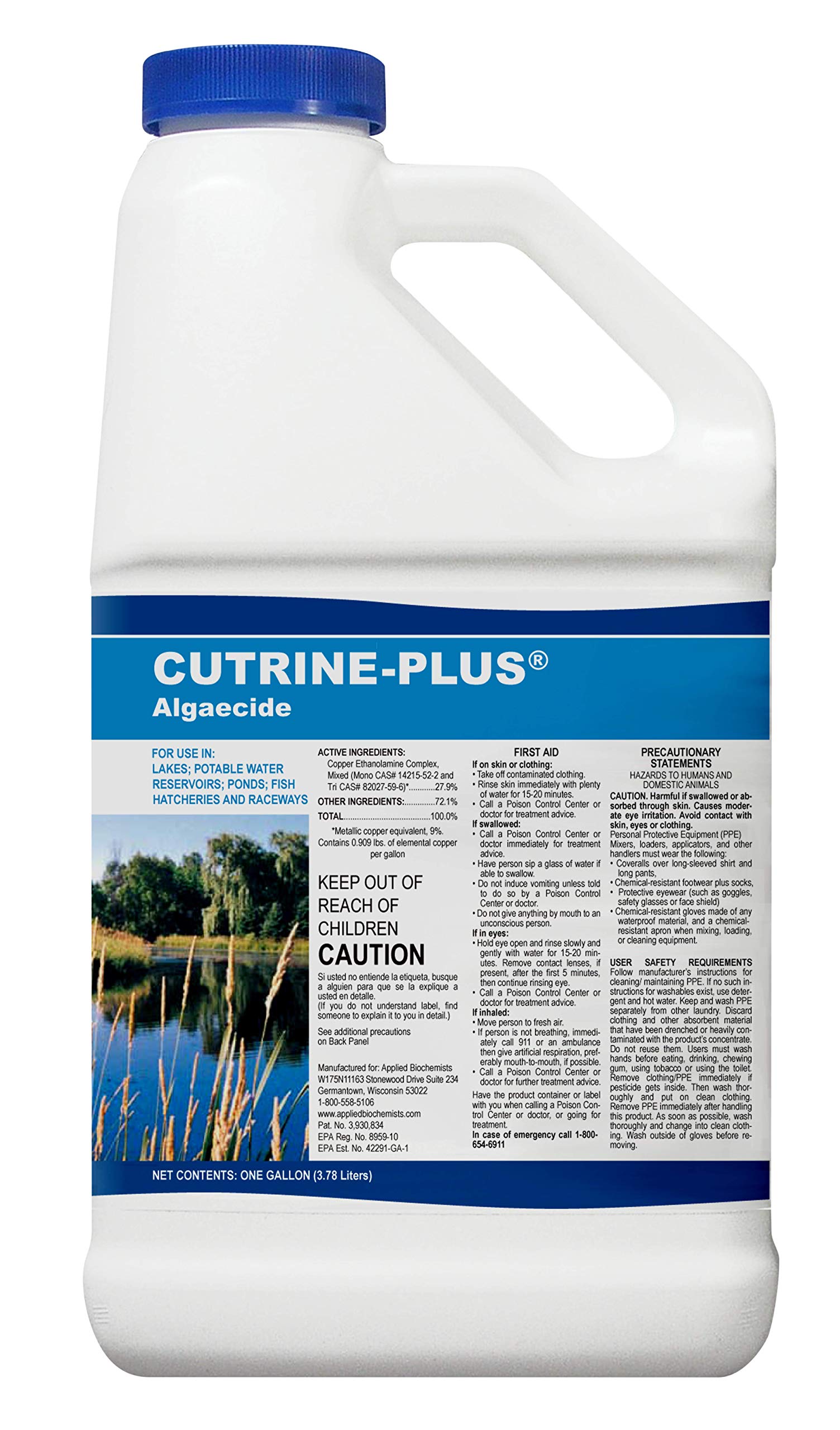 Applied Biochemists Cutrine-Plus bottle front showing product and label for fast algae control