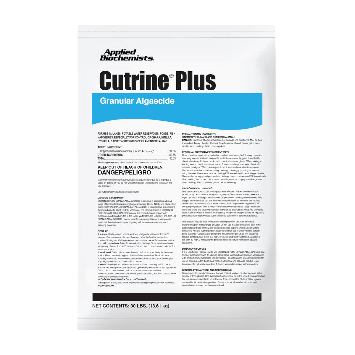 Applied Biochemists Cutrine-Plus packaging for easy lake treatment with fast action.