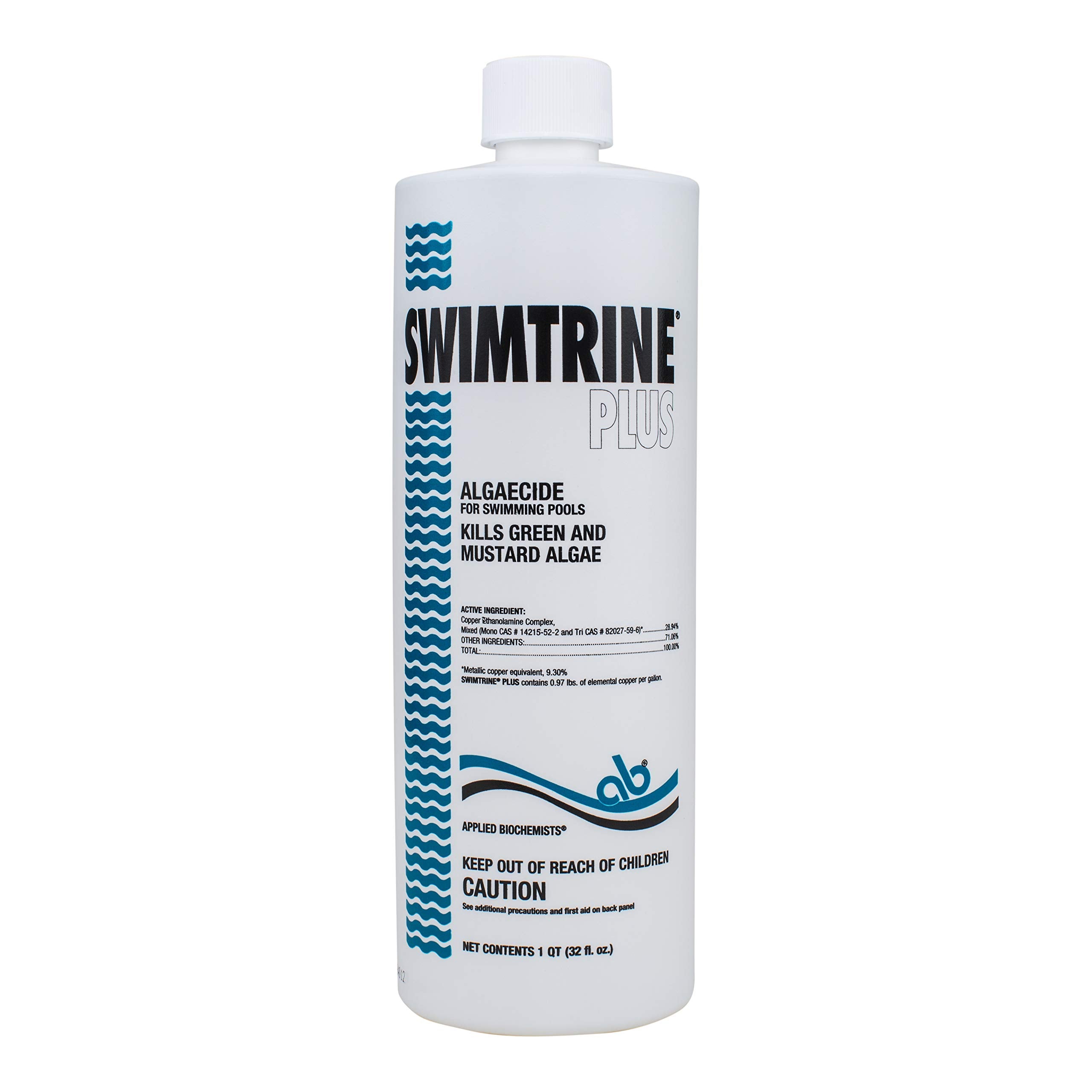 Applied Biochemists Swimtrine Plus algae killer targets green and mustard algae in pools.
