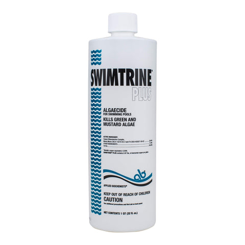 Applied Biochemists Swimtrine Plus algae killer targets green and mustard algae in pools.