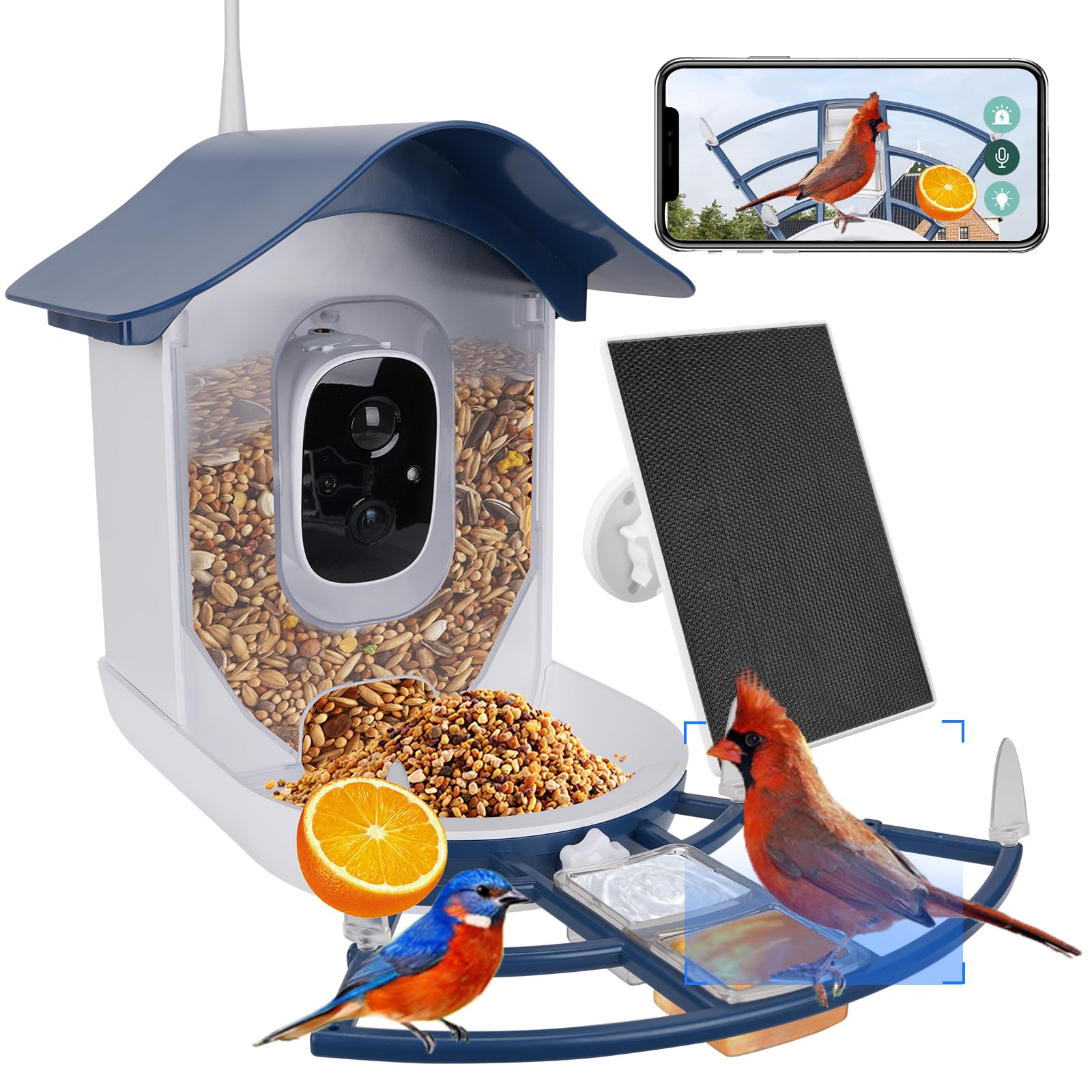 Aprilmin smart bird feeder camera with solar panel over backyard scene