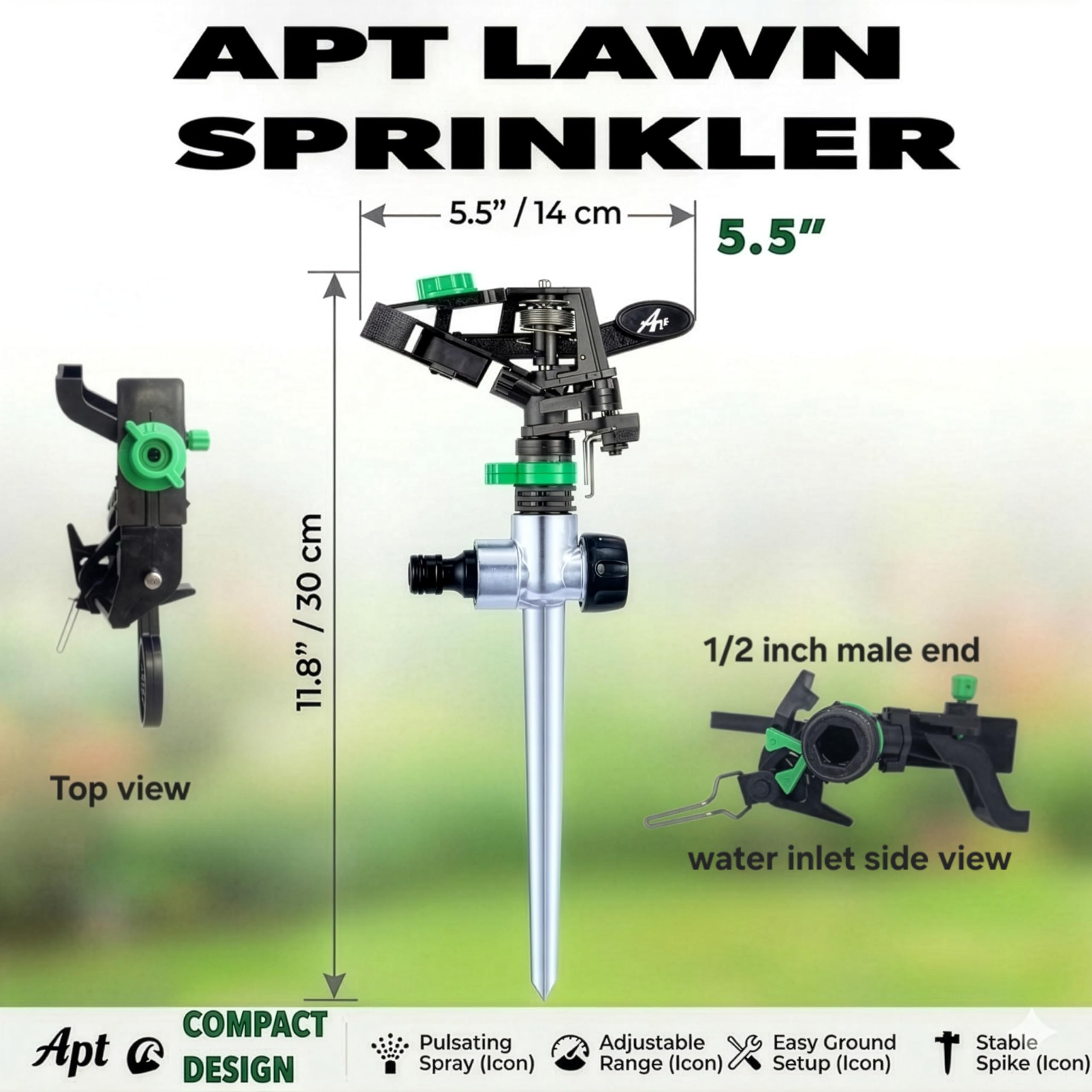 APT Pulsating Sprinkler coverage-control lets you tailor watering area for lawns