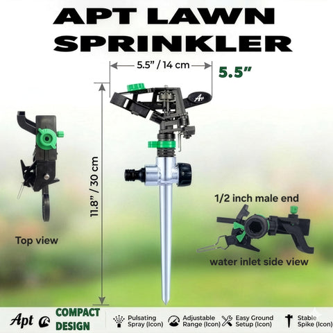 APT Pulsating Sprinkler coverage-control lets you tailor watering area for lawns