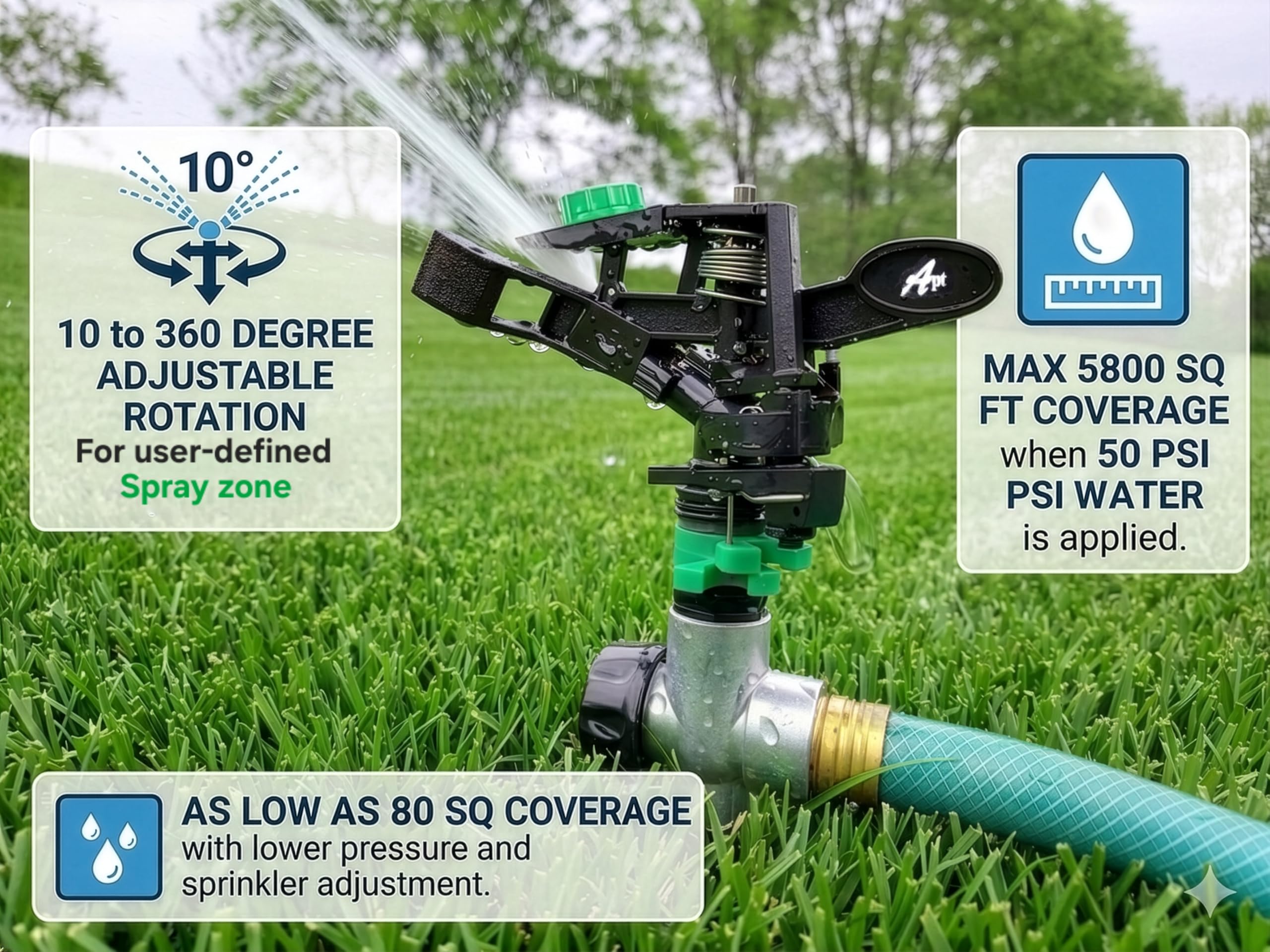 APT Pulsating Sprinkler flow-through-spike enables linking multiple units