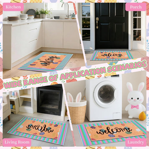 APUDWN outdoor welcome mat with eggs invites visitors inside.