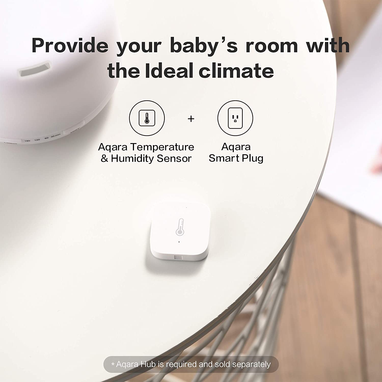 Room with Aqara hub shows alerts and environmental automation in action.