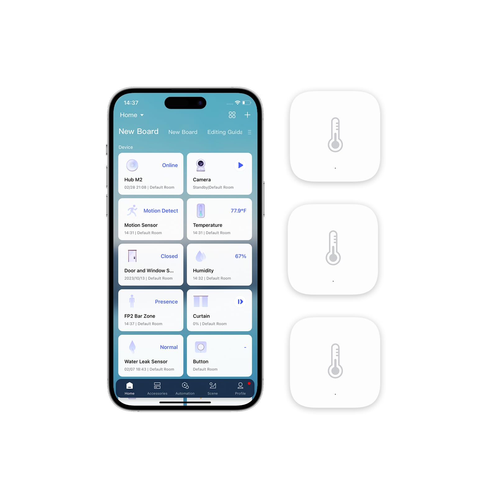 Aqara Zigbee Temperature and Humidity Sensor 3-pack front view for compact home monitoring.