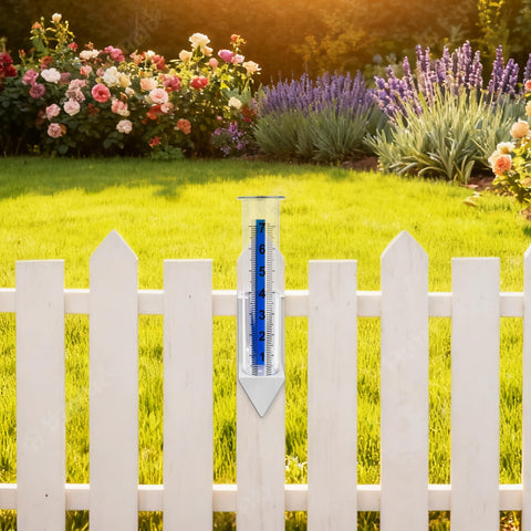 AQKILO rain gauge mounted on a planter for garden monitoring.