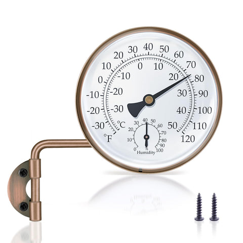 Aqqwxyq brass outdoor thermometer dial shows temperature and humidity clearly for outdoor reading.