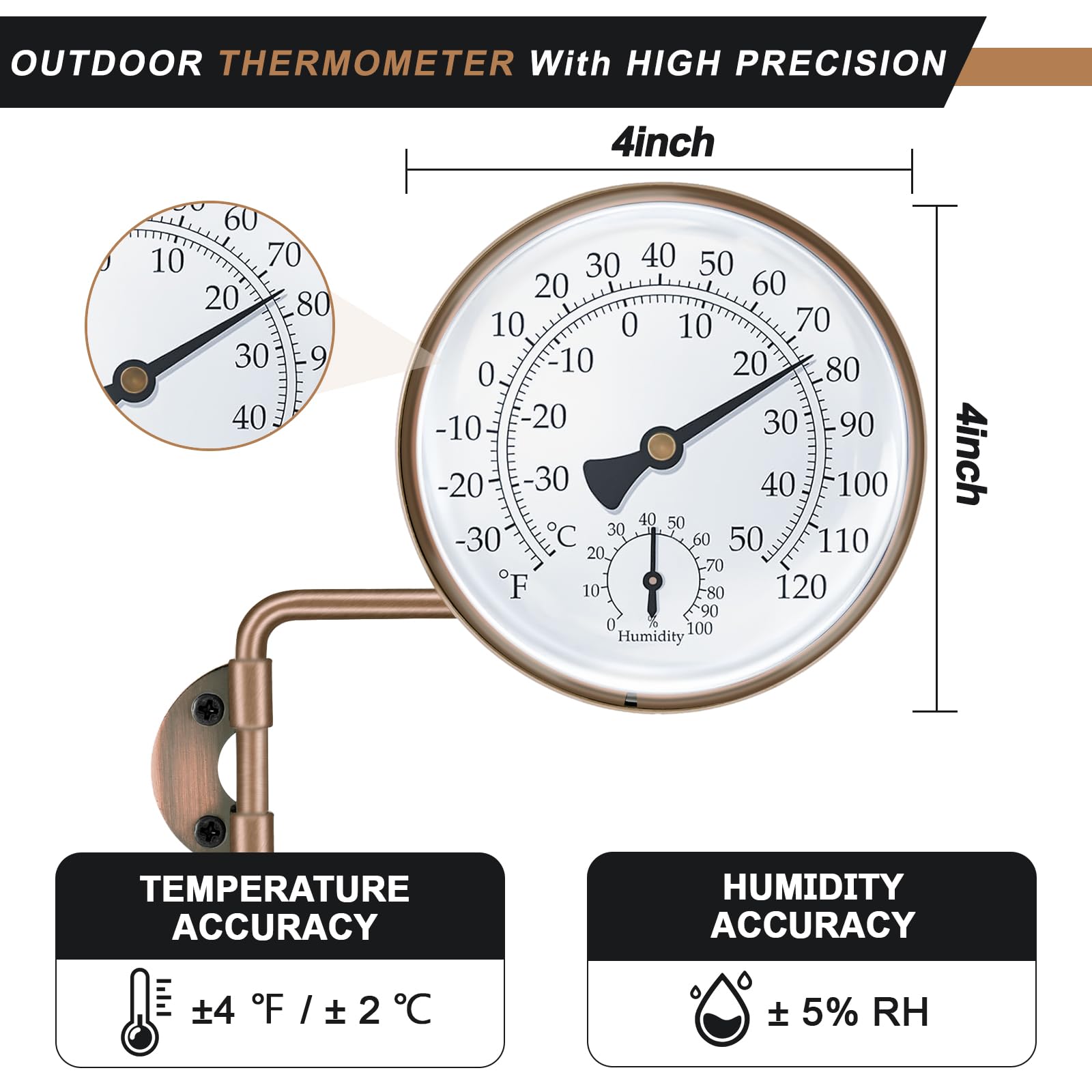 Aqqwxyq brass outdoor thermometer wall-mount ready for patio installation.