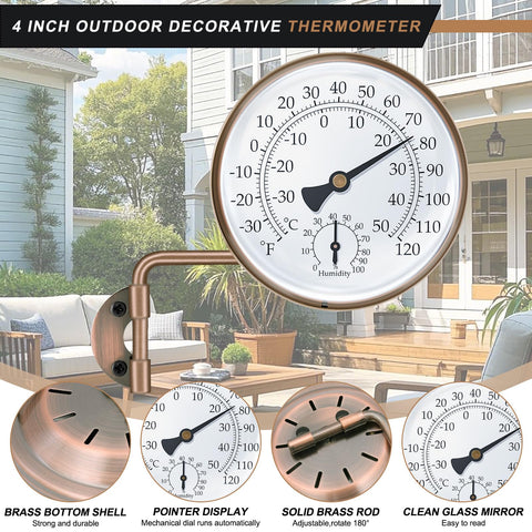Aqqwxyq brass outdoor thermometer window-mount provides quick ambient readings from indoors.