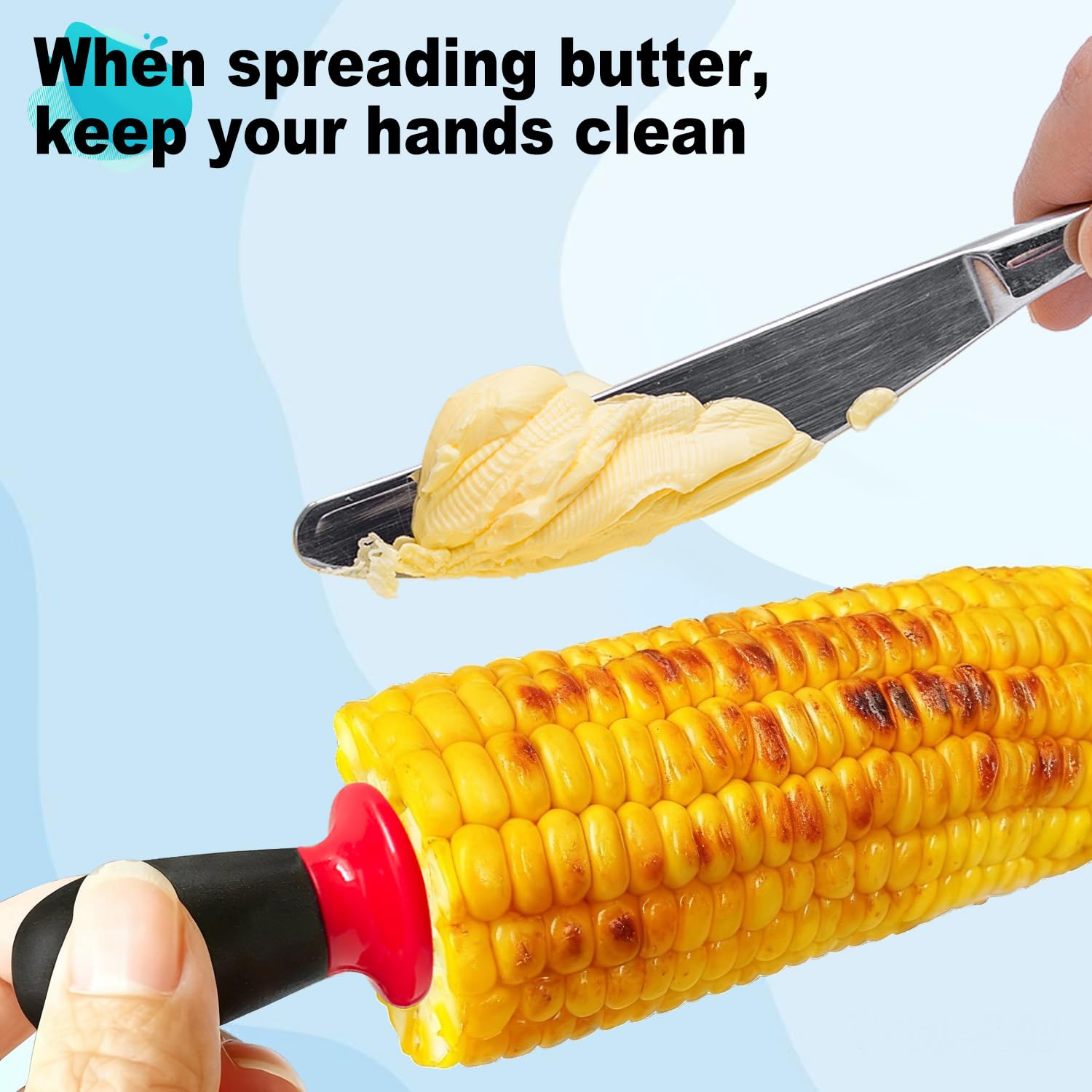 AQRINGO corn cob holders in action at a barbecue, helping you lift corn safely.