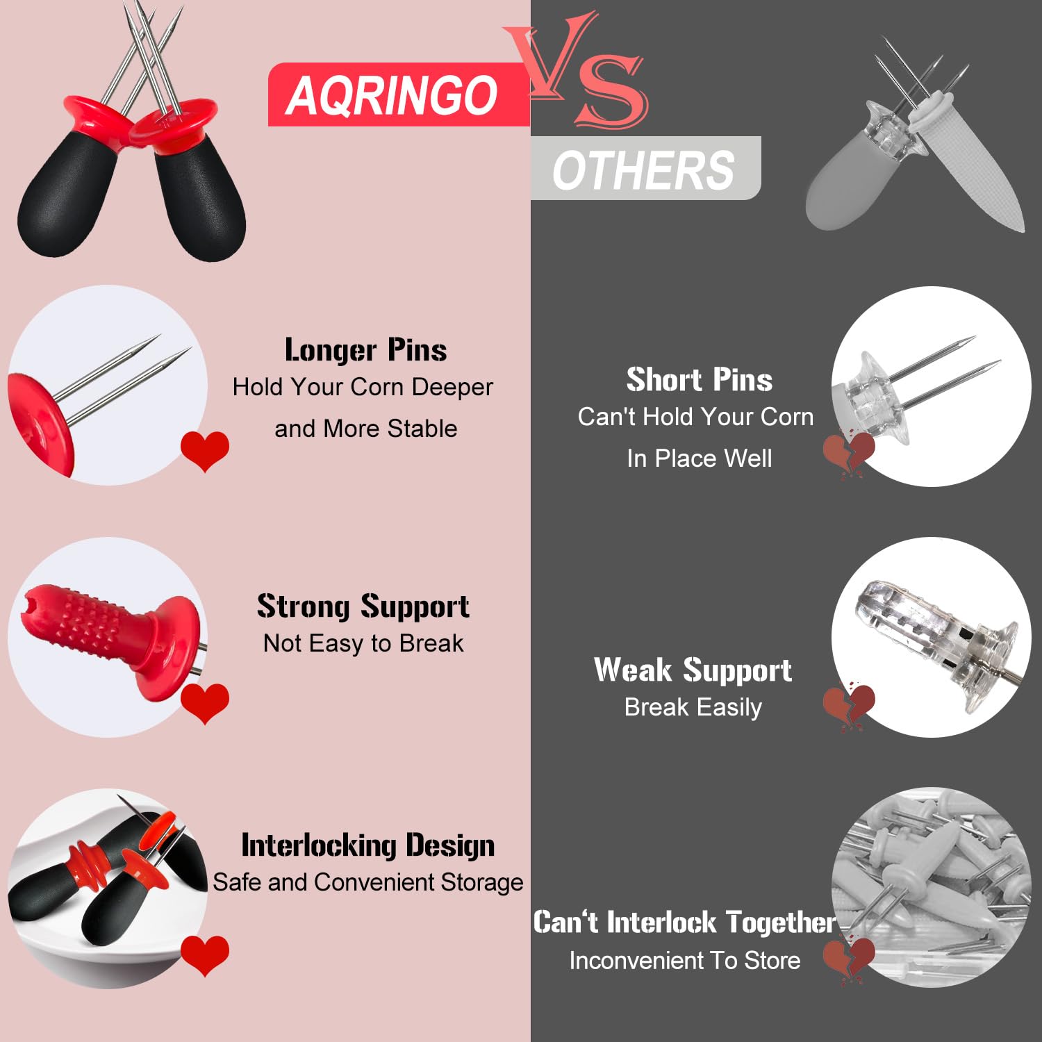 Interlocking storage design of AQRINGO corn holders keeps pins tucked away when not in use.