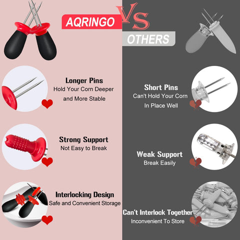 Interlocking storage design of AQRINGO corn holders keeps pins tucked away when not in use.