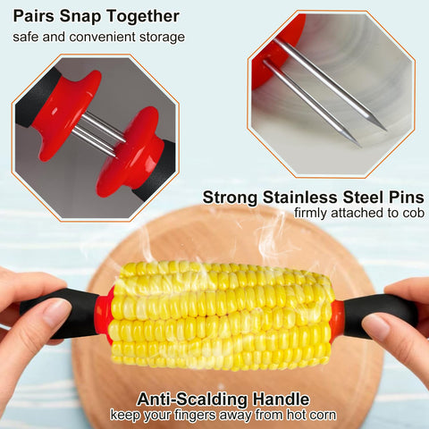Ergonomic silicone handles on AQRINGO corn cob holders for a comfortable, cool grip.