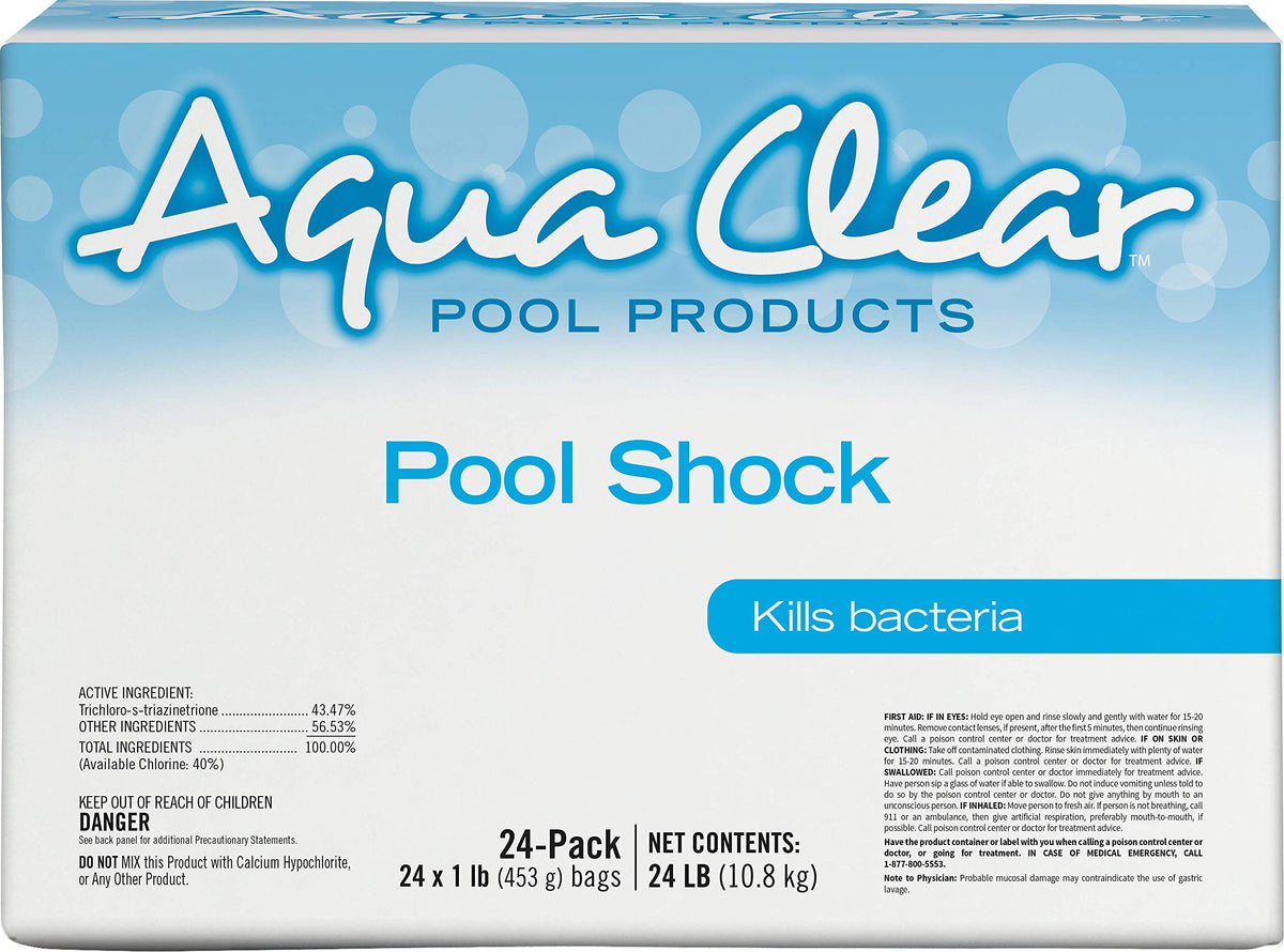Aqua Clear Pool Shock 24x1lb bottle front for fast sanitization