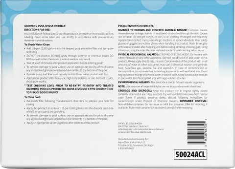 Aqua Clear Pool Shock bottle pouring into pool for quick disinfection
