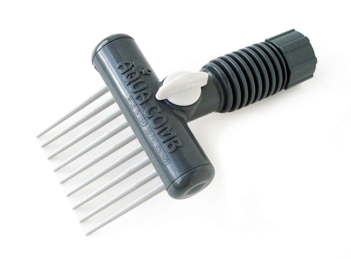 Aqua Comb spa filter cleaner tool in use for quick cartridge cleaning.