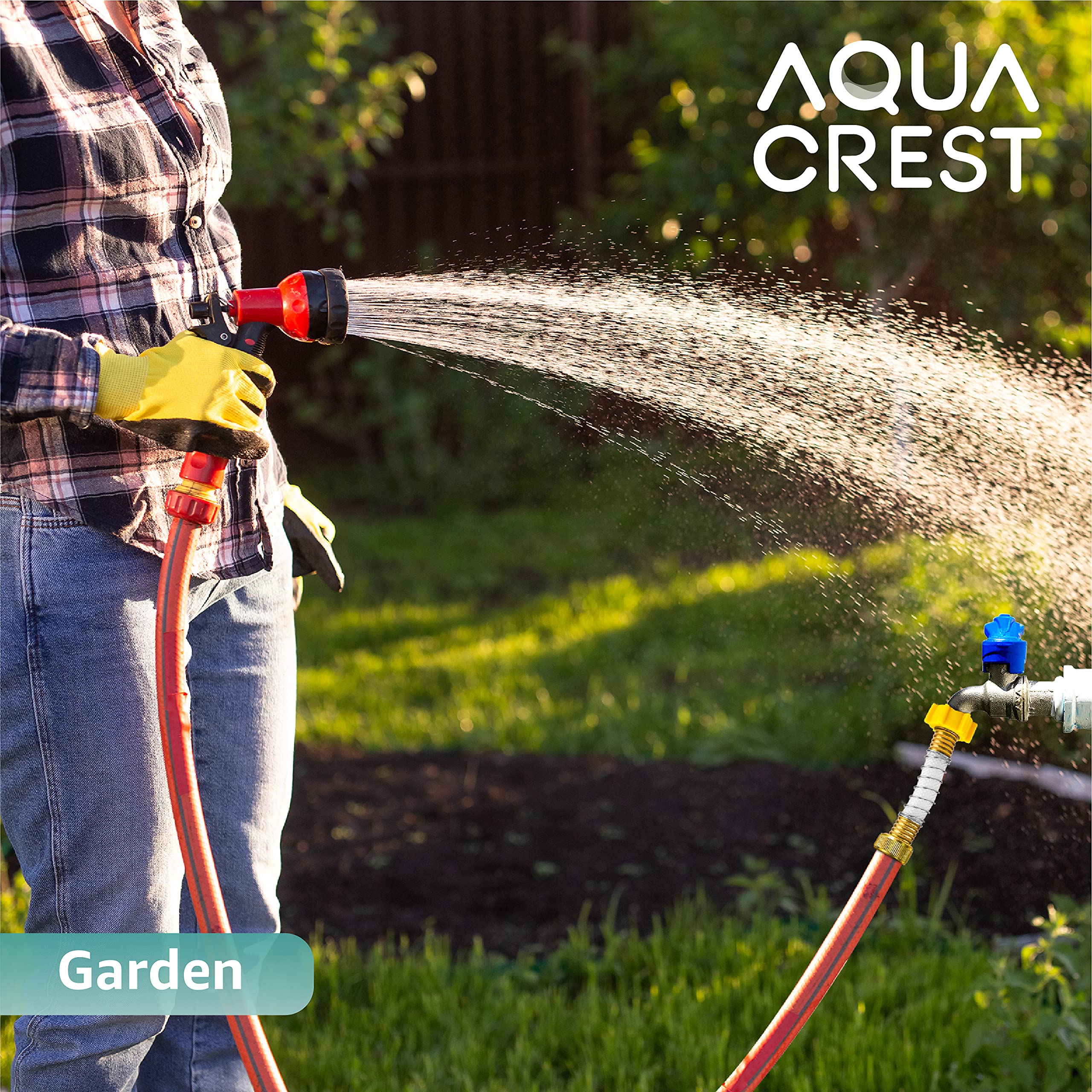AQUA CREST garden watering setup with anti-kink protection.