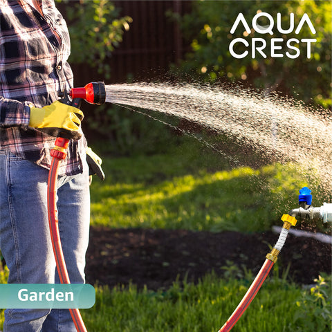 AQUA CREST garden watering setup with anti-kink protection.
