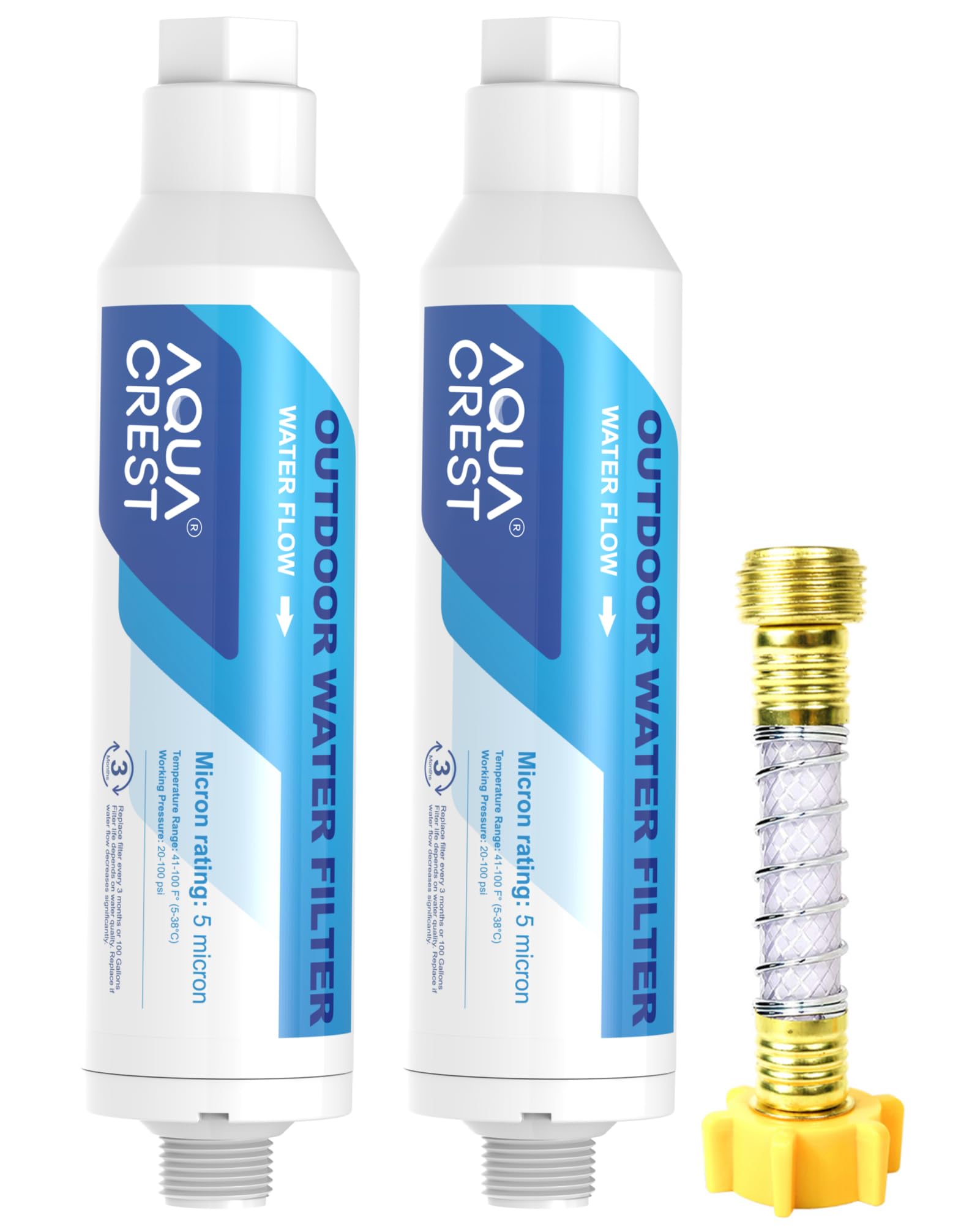 AQUA CREST inline water filter front view shows compact filtration for car washing.